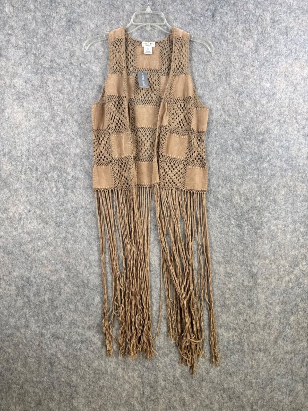 Wet Seal Patchwork Fringe Vest Sz XS Brown Crochet Retro Faux Suede